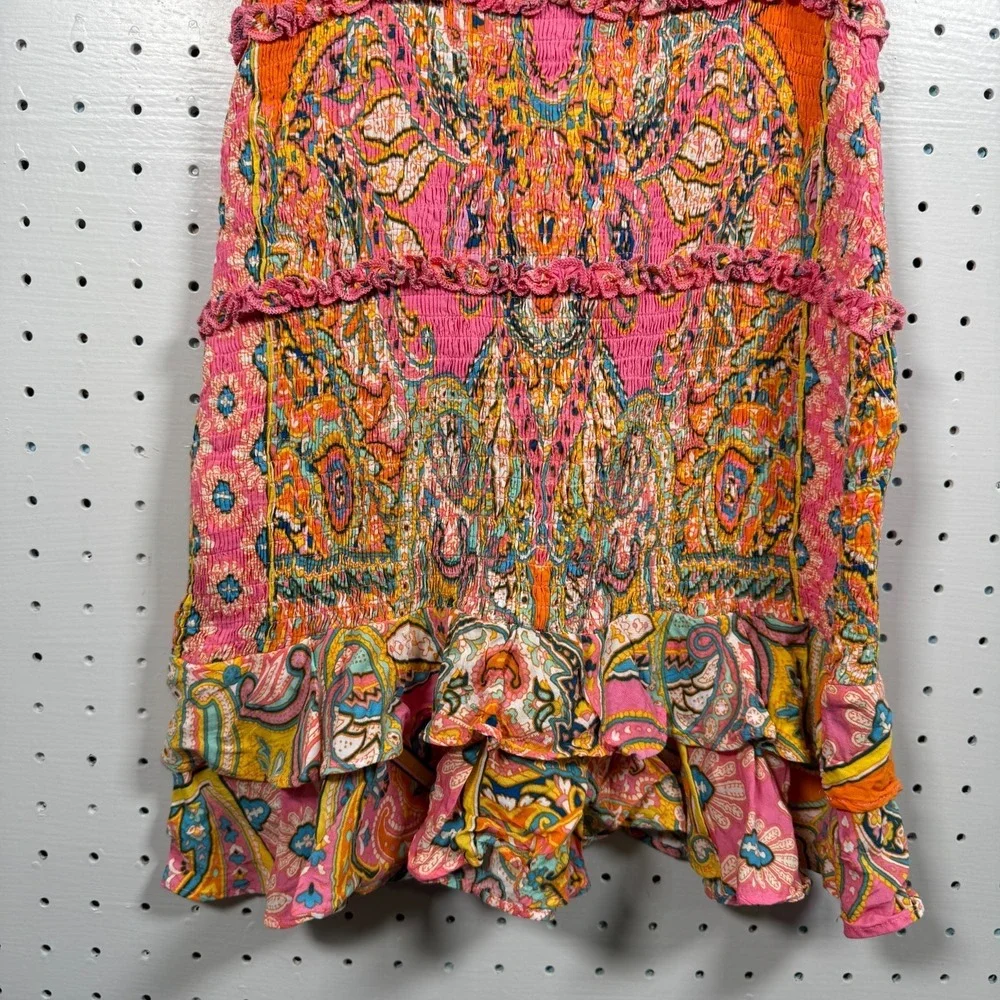 Olivaceous Smocked Bodycon Mini Dress Women's‎ Paisley Ruffle Boho Chic - Small